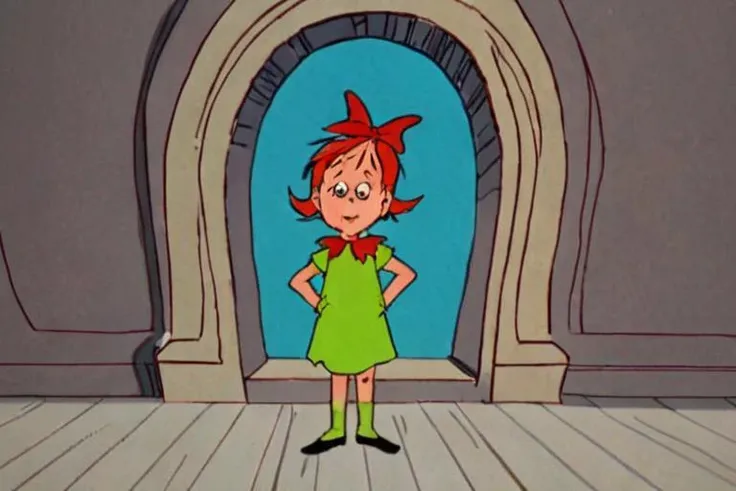 a frame of a animated film of a little girl, style drseussfilm <lora:Dr._Seuss_Film_Style_XL>