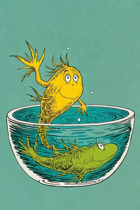 a children's book illustration of a fish in a bowl, by dr. seuss <lora:Dr._Seuss_Style_XL>