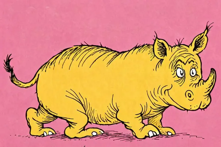 a children's book illustration of a yellow cartoon cat rhino on a pink background by Dr. Seuss <lora:Dr._Seuss_Style_XL>