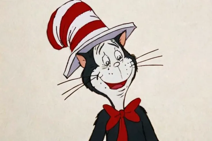 a frame of a animated film of a cat in a hat, style drseussfilm <lora:Dr._Seuss_Film_Style_XL>