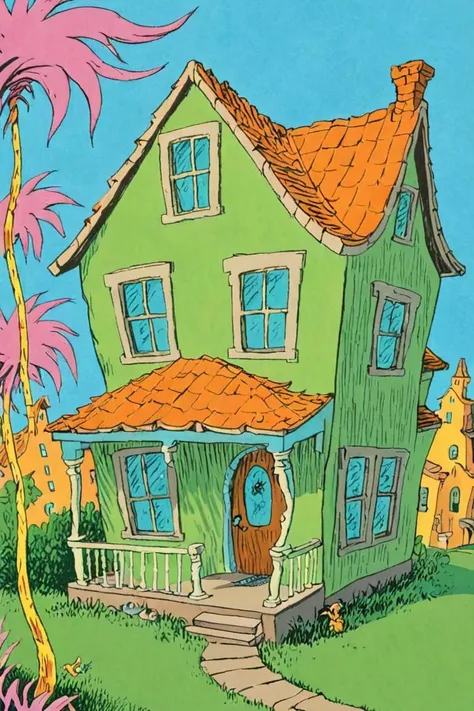 a children's book illustration of a house, by dr. seuss <lora:Dr._Seuss_Style_XL>