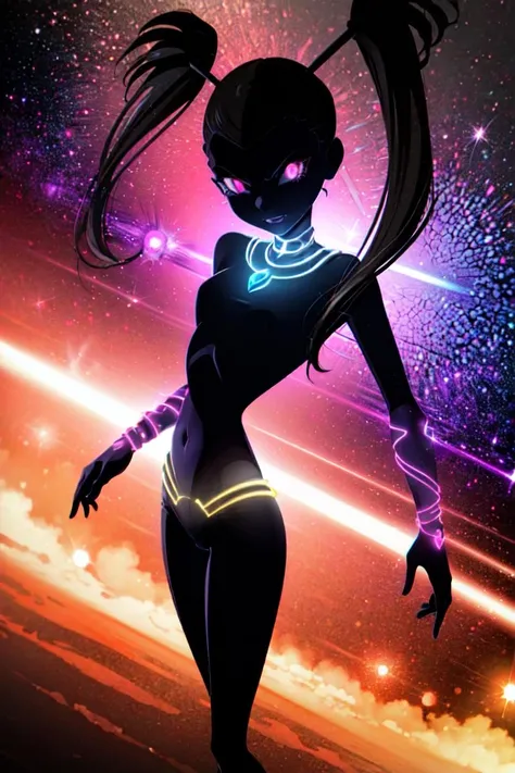 (MegaTrix:1.2), long pigtails, purple skin, black hair, (glowing purple eyes), (space, purple void background), (realistic:1.2), (masterpiece:1.2), (full-body-shot:1),(Cowboy-shot:1.2), dark romantic lighting, (highly detailed:1.2),(detailed face:1.2), (gradients), colorful, detailed eyes, (natural lighting:1.2), solo <lora:add_detail:0.3> <lora:BeautifulEyes:0.6> <lora:WinxClubMegaTrix-10:0.9>