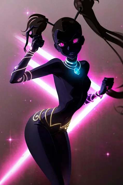 (MegaTrix:1.2), long pigtails, purple skin, black hair, bodysuit, (glowing purple eyes), (space, purple void background), (realistic:1.2), (masterpiece:1.2), (full-body-shot:1),(Cowboy-shot:1.2), dark romantic lighting, (highly detailed:1.2),(detailed face:1.2), (gradients), colorful, detailed eyes, (natural lighting:1.2), solo <lora:add_detail:0.3> <lora:BeautifulEyes:0.6> <lora:WinxClubMegaTrix-10:0.9>
