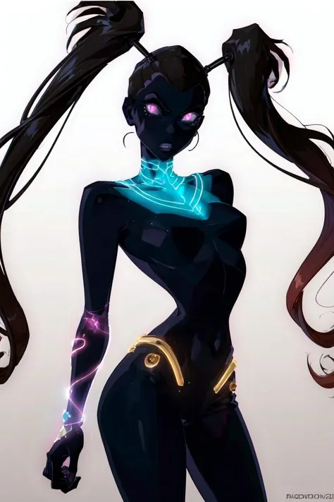 (MegaTrix:1.2), long pigtails, purple skin, black hair, (glowing purple eyes), (solid white background:1.5), (realistic:1.2), (masterpiece:1.2), (full-body-shot:1),(Cowboy-shot:1.2), dark romantic lighting, (highly detailed:1.2),(detailed face:1.2), (gradients), colorful, detailed eyes, (natural lighting:1.2), solo <lora:add_detail:0.3> <lora:BeautifulEyes:0.6> <lora:WinxClubMegaTrix-10:0.9>