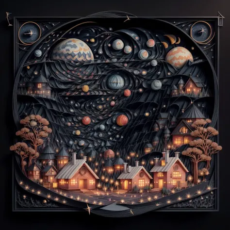 (Jianzhi:1.1) (kirigami:1.2) representation of a (night sky:1.3) full of (stars:1.3) and (colorful planets:1.1), (saturn:1.2), satellites, a (cottage:1.2), paper folding, paper cutting, intricate, symmetrical, precision, clean lines, <lora:Jz:0.7> <lora:LowRA:0.55>, <lora:add_detail:0.75> , by (Camilla d'Errico:1.3)