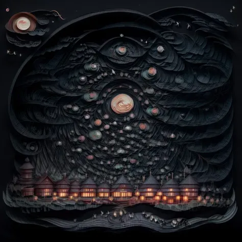 (Jianzhi:1.1) (kirigami:1.2) representation of a (night sky:1.3) full of (stars:1.3) and (colorful planets:1.1), (saturn:1.2), (satellites:1.1), a (cottage:1.2), paper folding, paper cutting, intricate, symmetrical, precision, clean lines, <lora:Jz:1> <lora:LowRA:0.55>, <lora:add_detail:0.75> , by (Zhang Jingna:1.3)