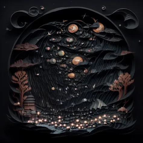 (Jianzhi:1.2) (kirigami:1.2) representation of a (night sky:1.3) full of (stars:1.3) and (colorful planets:1.1), 3D, paper folding, paper cutting, intricate, symmetrical, precision, clean lines, <lora:Jz:1> <lora:LowRA:0.55>, <lora:add_detail:0.75> , by (RossDraws:1.3)