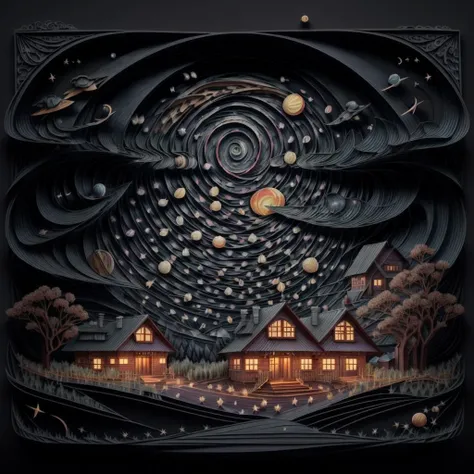 (Jianzhi:1.1) (kirigami:1.2) representation of a (night sky:1.3) full of (stars:1.3) and (colorful planets:1.1), (saturn:1.2), satellites, a (cottage:1.2), paper folding, paper cutting, intricate, symmetrical, precision, clean lines, <lora:Jz:0.7> <lora:LowRA:0.55>, <lora:add_detail:0.75> , by (Phil Koch:1.3)