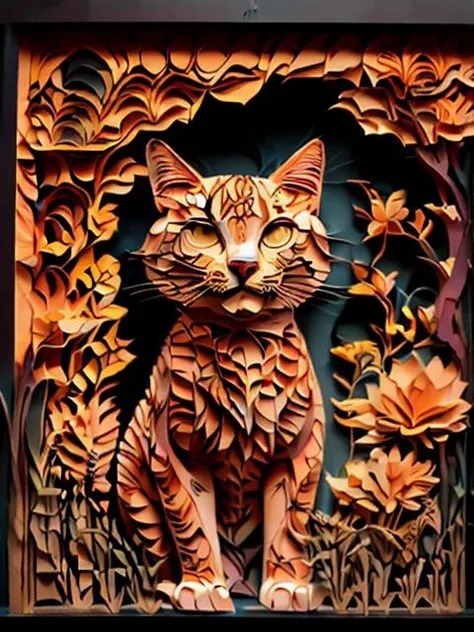 masterpiece, best quality,
RAW photo,cat, (high detailed skin:1.2), 8k uhd, dslr, soft lighting, high quality, film grain, Fujifilm XT3,
regal, fractal, 3d depth, intricate designs, delicate patterns, shadowbox frame, silhouette, kirigami, scherenschnitte,
jianzhi, 
<lora:Jz:1.0>