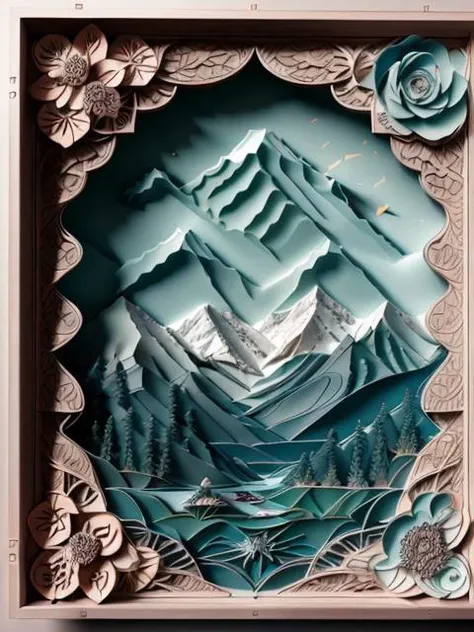 masterpiece, best quality,
RAW photo,mountins on a lake, (high detailed skin:1.2), 8k uhd, dslr, soft lighting, high quality, film grain, Fujifilm XT3,
regal, fractal, 3d depth, intricate designs, delicate patterns, shadowbox frame, silhouette, kirigami, scherenschnitte,
jianzhi, 
<lora:Jz:0.5>