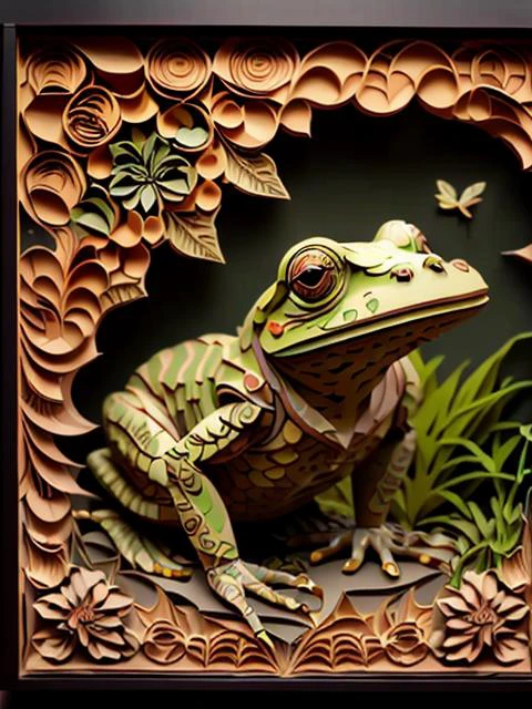 masterpiece, best quality,
RAW photo,frog, (high detailed skin:1.2), 8k uhd, dslr, soft lighting, high quality, film grain, Fujifilm XT3,
regal, fractal, 3d depth, intricate designs, delicate patterns, shadowbox frame, silhouette, kirigami, scherenschnitte,
jianzhi,
<lora:Jz:0.8>