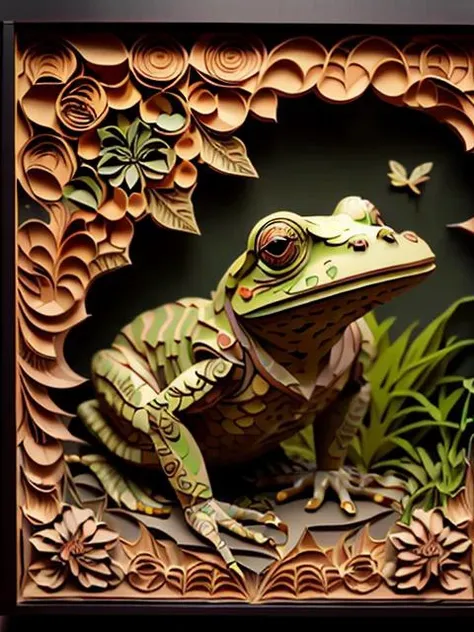 masterpiece, best quality,
RAW photo,frog, (high detailed skin:1.2), 8k uhd, dslr, soft lighting, high quality, film grain, Fujifilm XT3,
regal, fractal, 3d depth, intricate designs, delicate patterns, shadowbox frame, silhouette, kirigami, scherenschnitte,
jianzhi, 
<lora:Jz:0.8>