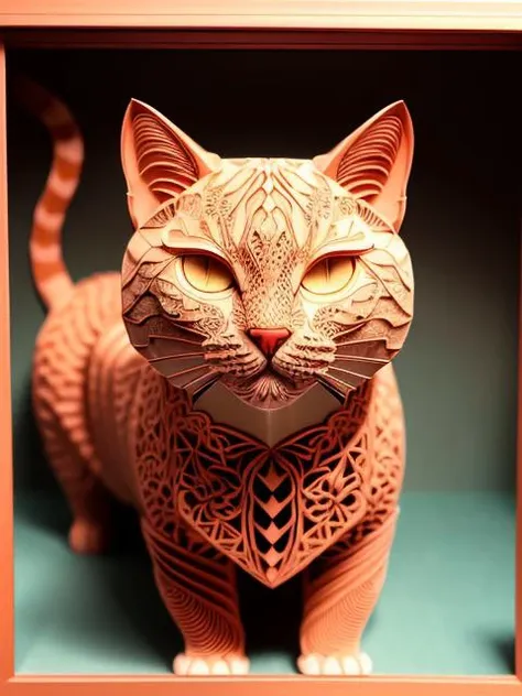 masterpiece, best quality,
RAW photo,cat, (high detailed skin:1.2), 8k uhd, dslr, soft lighting, high quality, film grain, Fujifilm XT3,
regal, fractal, 3d depth, intricate designs, delicate patterns, shadowbox frame, silhouette, kirigami, scherenschnitte,
jianzhi, 
<lora:Jz:0.4>