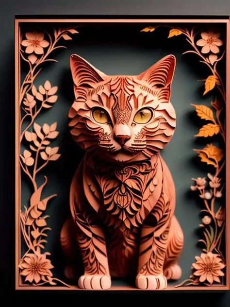 masterpiece, best quality,
RAW photo,cat, (high detailed skin:1.2), 8k uhd, dslr, soft lighting, high quality, film grain, Fujifilm XT3,
regal, fractal, 3d depth, intricate designs, delicate patterns, shadowbox frame, silhouette, kirigami, scherenschnitte,
jianzhi, 
<lora:Jz:0.6>