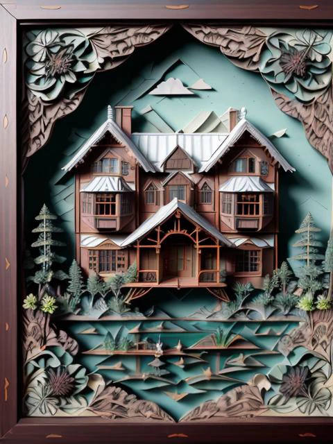 masterpiece, best quality,
RAW photo,old house on a lake, (high detailed skin:1.2), 8k uhd, dslr, soft lighting, high quality, film grain, Fujifilm XT3,
regal, fractal, 3d depth, intricate designs, delicate patterns, shadowbox frame, silhouette, kirigami, scherenschnitte,
jianzhi,
<lora:Jz:0.5>
