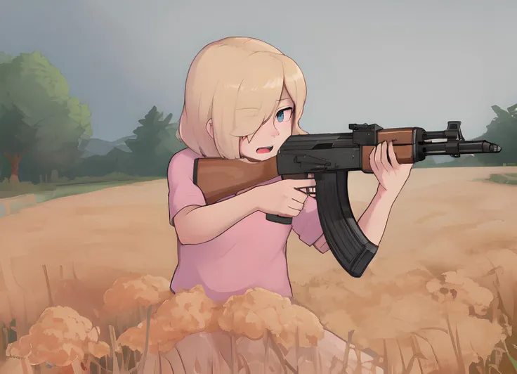 masterpiece, best quality, high resolution, 1boy, caleb \(dross\), short hair, blonde hair, (freckles:0.8), hair over one eye, pink shirt, shirt, solo, open_mouth, embarrassed, holding gun, ak-47, akm, assault rifle, kalashnikov rifle, (aiming:1.2), (from_side:1.2), farm, <lora:ak47_7:0.8>, <lora:Dross_v1_R64:0.8>,full body, sitting