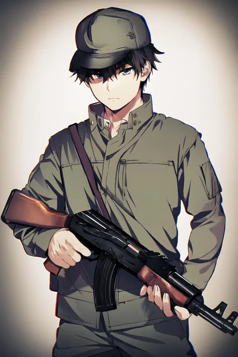 masterpiece, best quality, 1boy, cowboy shot, delicate eyes, <lora:meryV2:1>, military uniform, <lora:bettergunAK47WIP_betaWIP:1>, AK-47, AKM, kalashnikov_rifle, assault_rifle, holding_gun