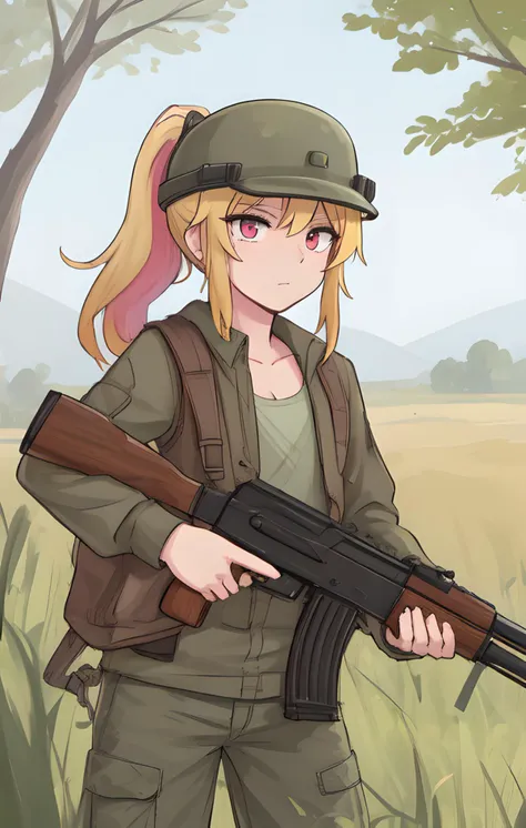 boy, standing, long hair, jade, \(dross\),blonde hair, ((multicolored hair)), pink eyes, green battle helmet , ponytail,dark green shirt, blonde hair, , slim body,  perfectly detailed face, slutty femboy,flat chest,s(masterpiece),at grass field ,green pants, holding gun, ak-47, akm, assault rifle, kalashnikov rifle, (aiming:1.2),arm holding,blood drops on clothing and face,
<lora:ak47_7:0.5>, <lora:Dross_v1_R64:0.5>