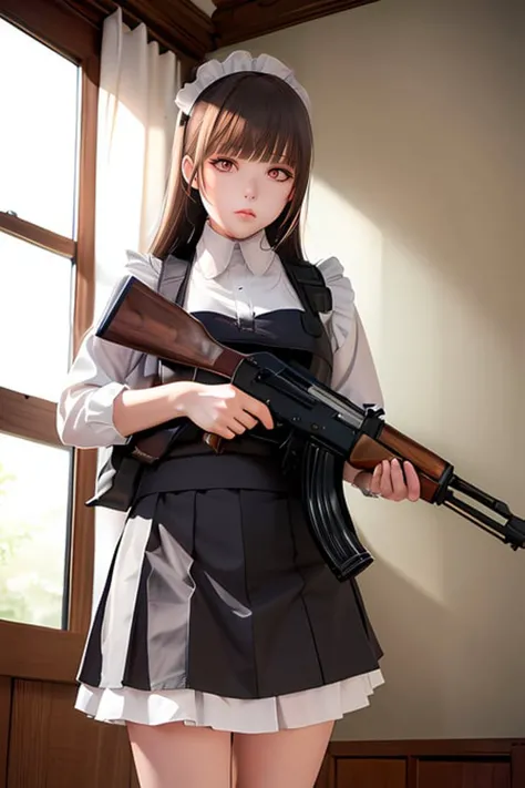 1girl, apron, assault_rifle, black_legwear, brown_hair, dress, full_body, gradient, gradient_background, gun, handgun, high_heels, holding, holding_gun, holding_weapon, long_sleeves, looking_at_viewer, maid, maid_headdress, pantyhose, pistol, rifle, skirt_hold, solo, trigger_discipline, weapon <lora:AissRuoxi:0.3>