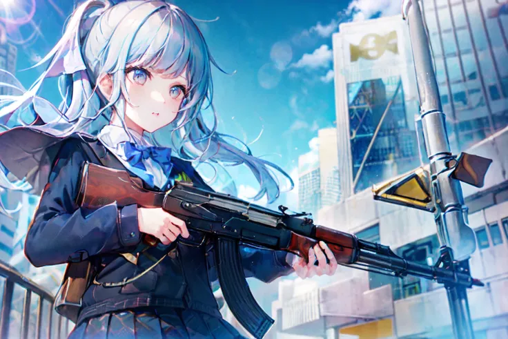 masterpiece,best quality, lens flare, depth of field, (close-up:1.3), (wide shot, fisheye:0.85), facefocus,
1girl ,standing, blue long hair, school uniform,pleated skirt,
(AK-47, AKM, kalashnikov_rifle, assault rifle, holding weapon:1.5),
sunny,blue sky,cloudy sky,city,street,road sign, skyscraper,
<lora:bettergunAK47WIP_betaWIP:0.9>