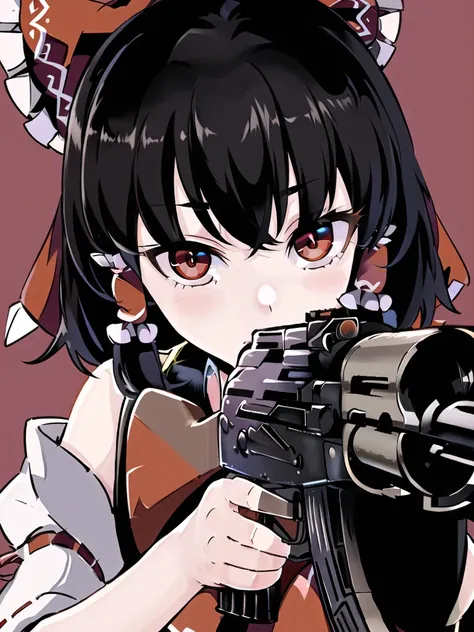 Masterpiece, best quality, best work, beautiful face, warm colors, red eyes, detailed eyes, hakurei reimu, bags under eyes, black hair, AK-47, AKM, kalashnikov_rifle, assault_rifle, holding_gun, aiming, aiming_at_viewer, trigger_discipline, finger_on_trigger,<lora:bettergunAK47WIP_betaWIP:0.8>