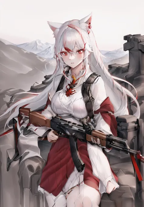 beautiful, masterpiece, best quality, perfect lighting, hdr, 1girl, black tights, red skirt, (white sweater:1.3), ((((((red white hair)))))), split-color hair, long hair, red eyes, foxy ears, near the mountains, sunset,<lora:bettergunAK47WIP_betaWIP:0.9>, holding gun, ak-47, akm, assault rifle, kalashnikov rifle, trigger_discipline, low-ready