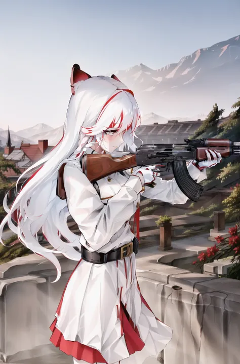 beautiful, masterpiece, best quality, perfect lighting, 1girl, black tights, red skirt, (white sweater:1.2), ((((((red white hair)))))), split-color hair,long hair, (white eyes:1.3),blush, smile, foxy ears, near the mountains, sunset,<lora:bettergunAK47WIP_betaWIP:0.95>, holding gun, ak-47, akm, trigger_discipline assault rifle, kalashnikov rifle, (aiming:1.2), (from_side:1.2),