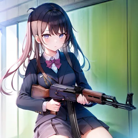 masterpiece, best quality, high resolution, extremely detailed CG, <lora:ak47_7:0.95>, 1girl, school uniform, holding gun, ak-47, akm, assault rifle, kalashnikov rifle, (aiming:1.2), finger on trigger,