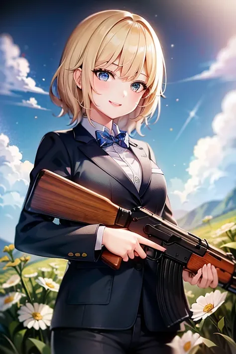 4K,masterpiece, best quality, high resolution,<lora:bettergunAK47WIP_betaWIP:0.5>, 1girl, solo, short yellow hair, blue_eyes, jacket, holding gun, ak-47, akm, assault rifle, kalashnikov rifle, trigger_discipline, low-ready, anime coloring, masterpiece, best quality, depth of field, highres, outline, (1girl:1.1), gold hair, upper body, looking at viewer, short hair, blue eyes, standing, (blazer:1.1), smile, meadow, sky, cloud, flower