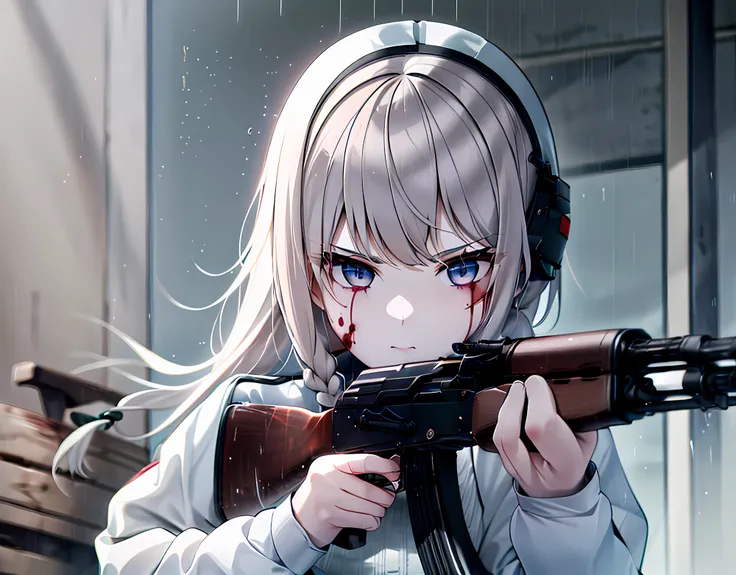 <lora:ak47_7:1.0>, solo, 1girl, female focus, (outdoors), extreme eye details, (skindentation), (ak-47)+, (akm)+, assault rifle, kalashnikov rifle, (rain)++, military helmet, (intricate), ground vehicle, green military uniform, (detailed fingers)+, (detailed arms)+, <lora:CryingBlood:1.0>. (holding gun)+, CryingBlood, blood bandage, (blood)+, soothing tones, dynamic pose, look at viewer, small breasts, (gray short braid)+, smirk, sharp focus, (8k), (4k), (masterpiece), fantasy, extremely detailed