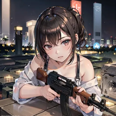 Best quality, masterpiece, ultra high res, (photorealistic:1.4), 1girl, offshoulder, in the dark, deep shadow, low key,<lora:FukadaE:0.7>holding_gun,ak-47,assault_rifle,(aiming),<lora:ak47_7:0.5>