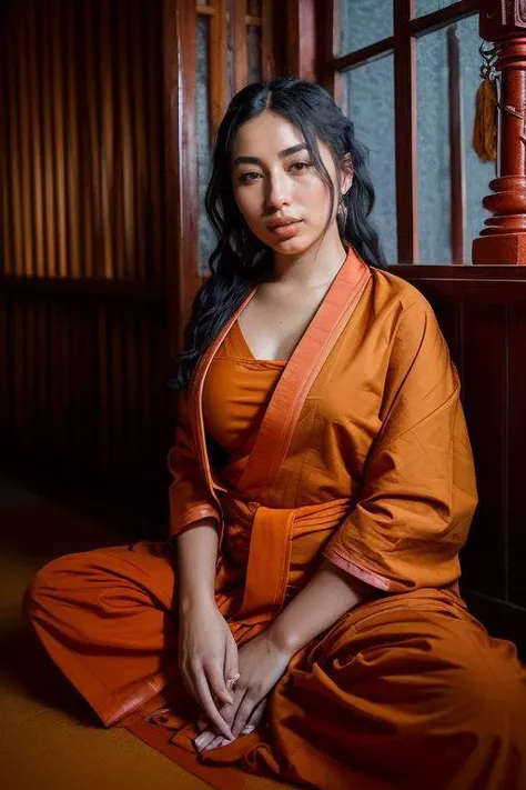 DEN_kattdumont_OF,
(a Buddhist monk sitting outside and meditating in a Buddhist monastery wearing orange Buddhist robes, Buddhist, tranquillity, peace:1.2),
bokeh, f1.4, 40mm, photorealistic, raw, 8k, textured skin, skin pores, intricate details  <lora:epi_noiseoffset2:1>, epiCRealism <lora:ClothingAdjuster3:-1>