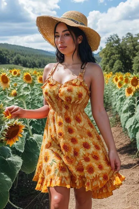 DEN_kattdumont_OF,
(walking through a field of sunflowers wearing a (summer dress:1.3) and sun hat, field, sunflowers, summer, scenic:1.2),
bokeh, f1.4, 40mm, photorealistic, raw, 8k, textured skin, skin pores, intricate details <lora:epi_noiseoffset2:1>, epiCRealism <lora:ClothingAdjuster3:-1>