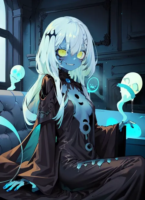 ((best quality)), ((highly detailed)), absurdres, detailed face, beautiful face, (detailed eyes, deep eyes), (1girl), laying down, ((ghost-girl)), ((undead)), <lora:ectoV5:.55>, ecto woman, ((powder_blue colored skin:1.3)), ((white colored hair:1.3)), ((yellow eyes)), ((glowing eyes)), (eye bags), (monstergirl), medium breasts, ((crazy grin)), smoky skull, flowing ((black gown)), ((graveyard)), fog, (indoors, at a bar, bar tender outfit), <lora:kotrou020:1>