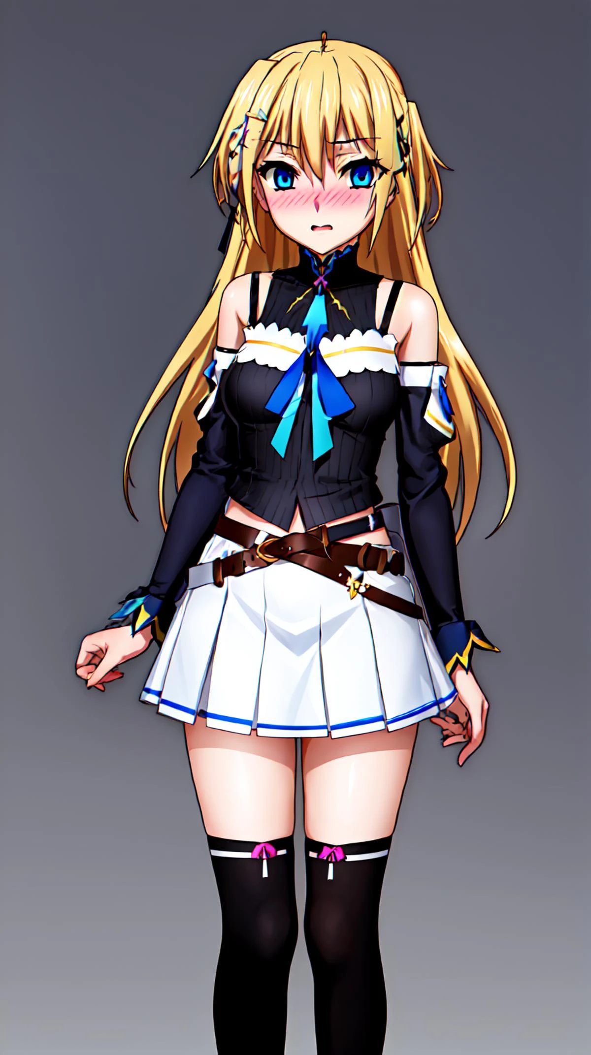 masterpiece, best quality,
<lora:heronever_astel.sd15.v1:0.65>
astel,1girl,solo, blond hair, long hair, blue eyes (stdoutfit) black shirt black kneehighsbreak white skirt white beltblue necktie bare shoulders blush embarrassed detached sleeves blue sleeves standing, (simple background, black background),
<lora:as109_128_dim128_dp0.95:1>