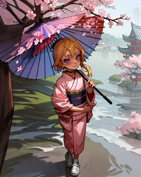 1girl, blonde hair, long hair, blue eyes, glowing eyes, full-face blush, light smile, freckles, kimono, sneakers, choker, cherry blossoms, river, east asian architecture, holding umbrella, oil-paper umbrella, solo, <lora:as109_128_dim128_dp0.95:0.75> AS-YoungerV2, <lyco:GoodHands-beta2:1.5>