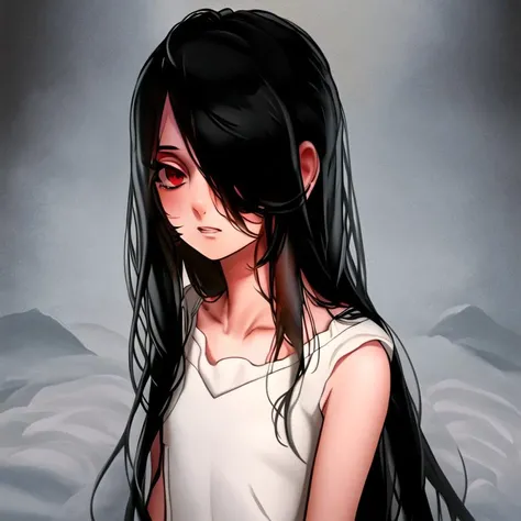 ((masterpiece)),(best quality), absurdres,sadako_yamamura,red eyes, white dress,black hair,,<lora:Sadakobest:0.8>,upperbody shot, colorful lighting,bright character lighting,dramatic lighting, (chiaroscuro), long eyelashes,big eyelashses,as109,<lora:as109Style_v2:1>, small chest,