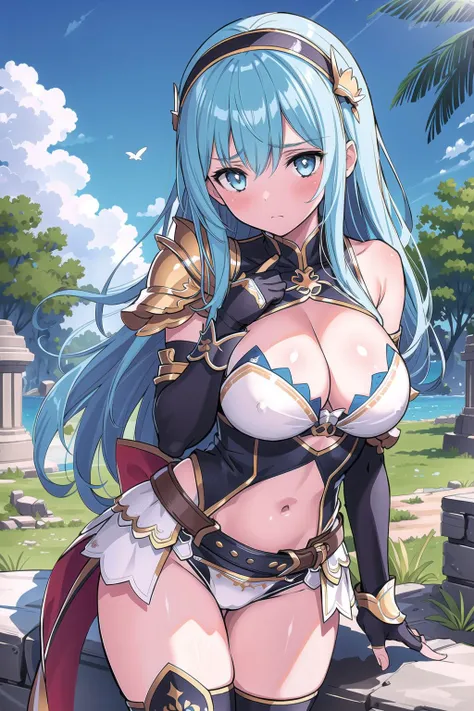 (masterpiece), best quality, extremely detailed, 1girl, solo, hairband, long hair, bikini armor, shoulder armor, cleavage, navel, elbow gloves, gauntlets, thigh boots, thighhighs, large breasts, thick thighs, blush, embarrassed, looking at viewer, ancient ruins, tree, blue sky, cloud, outdoors, cowboy shot, upper body, <lora:tony_taka:0.8>