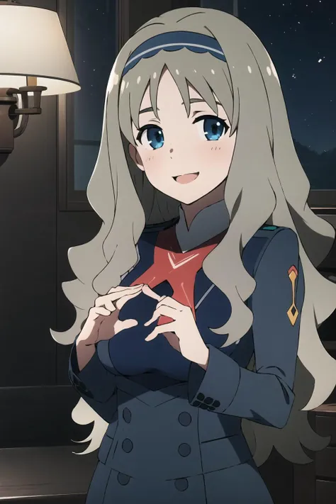 masterpiece, best quality, looking at viewer, facing viewer, nice hands, perfect hands, <lora:GoodHands-vanilla:1>, (night:1.3), low key, <lora:LowRA:0.7>, excited, happy, joyful, (blush), smile, wide windows, living room, 1girl, solo,
<lora:FranxxKokoro-v3-05:0.7>, ChopioKokoro, blonde hair, long hair, hairband, black hairband, blue eyes, (outfit_1:1), grey dress, military uniform, badge, red cross, long sleeves, medium breasts,