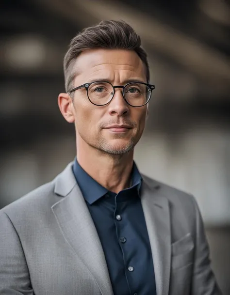professional portrait of an east auropean man with glasses in an industrial backdrop , (pores:0.9) <lora:Professional_Portrait:1>