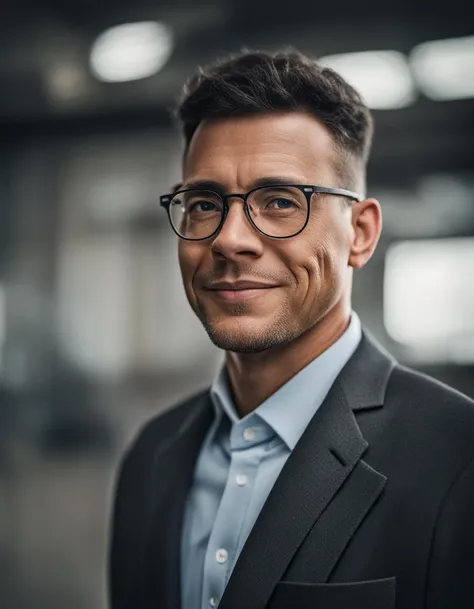 professional portrait of an east auropean man with glasses in an industrial backdrop , (pores:0.9) <lora:Professional_Portrait:1>