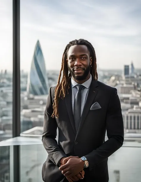professional portrait of a black man with dreadlocks in a glass corner office with London backdrop , (pores:0.9) <lora:Professional_Portrait:1>