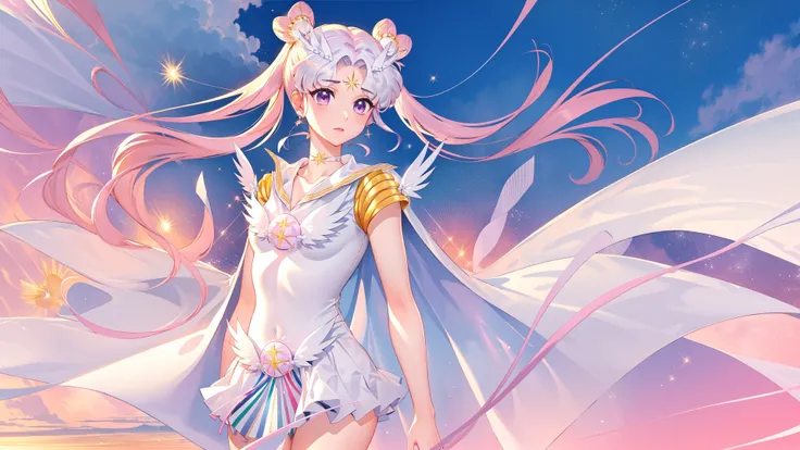 photorealistic, (hyperrealistic:1.2), (extremely detailed CG unity 8k wallpaper), (ultra-detailed), masterpiece, best quality, 1girl, sailor cosmos, standing, upperbody, solo, long hair, skirt, hair ornament, twintails, jewelry, purple eyes, white hair, pleated skirt, earrings, choker, sailor collar, hair bun, cape, character name, double bun, facial mark, white skirt, brooch, white sailor collar, hairpin, forehead mark, white choker, sailor senshi uniform