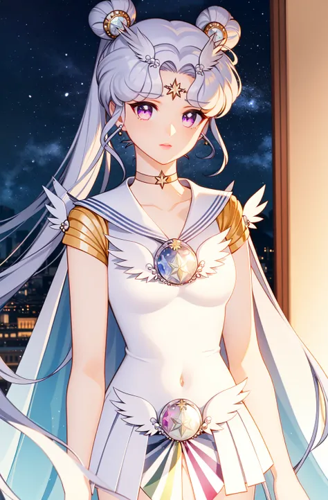 photorealistic, (hyperrealistic:1.2), (extremely detailed CG unity 8k wallpaper), (ultra-detailed), masterpiece, best quality, 1girl, sailor cosmos, standing, upper body, solo, long hair, skirt, hair ornament, twintails, jewelry, purple eyes, white hair, pleated skirt, earrings, choker, sailor collar, hair bun, cape, character name, double bun, facial mark, white skirt, brooch, white sailor collar, hairpin, forehead mark, white choker, sailor senshi uniform