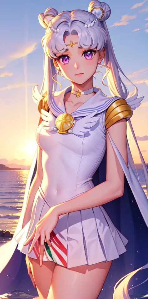 ((from front, cowbody shot, )) (photorealistic:1.3), masterpiece, best quality, (intricate details:1.2), (scenery:1.11), solo, face focus, close up, ultra high res, right anatomy, detailed skin, beautiful face, 1 girl, sailor cosmos, standing, long hair, skirt, hair ornament, twintails, jewelry, purple eyes, white hair, pleated skirt, earrings, choker, sailor collar, hair bun, cape, double bun, facial mark, white skirt, brooch, white sailor collar, hairpin, forehead mark, white choker, sailor senshi uniform,