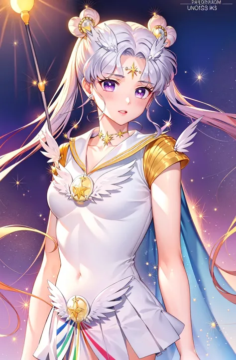 photorealistic, (hyperrealistic:1.2), (extremely detailed CG unity 8k wallpaper), (ultra-detailed), masterpiece, best quality, 1girl, sailor cosmos, standing, upper body, solo, long hair, skirt, hair ornament, twintails, jewelry, purple eyes, white hair, pleated skirt, earrings, choker, sailor collar, hair bun, cape, character name, double bun, facial mark, white skirt, brooch, white sailor collar, hairpin, forehead mark, white choker, sailor senshi uniform
