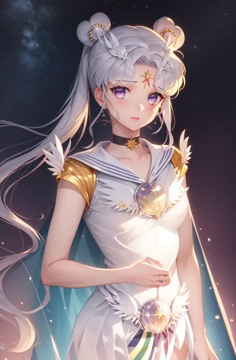 photorealistic, (hyperrealistic:1.2), (extremely detailed CG unity 8k wallpaper), (ultra-detailed), masterpiece, best quality, 1girl, sailor cosmos, standing, upper body, solo, long hair, skirt, hair ornament, twintails, jewelry, purple eyes, white hair, pleated skirt, earrings, choker, sailor collar, hair bun, cape, character name, double bun, facial mark, white skirt, brooch, white sailor collar, hairpin, forehead mark, white choker, sailor senshi uniform