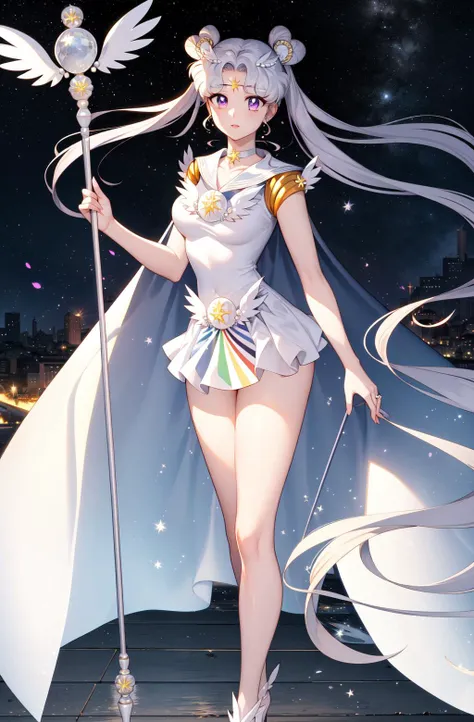 photorealistic, (hyperrealistic:1.2), (extremely detailed CG unity 8k wallpaper), (ultra-detailed), masterpiece, best quality, 1girl, sailor cosmos, standing, fullbody,  solo, long hair, skirt, hair ornament, twintails, jewelry, purple eyes, white hair, pleated skirt, earrings, choker, sailor collar, hair bun, cape, character name, double bun, facial mark, white skirt, brooch, white sailor collar, hairpin, forehead mark, white choker, sailor senshi uniform, holding staff