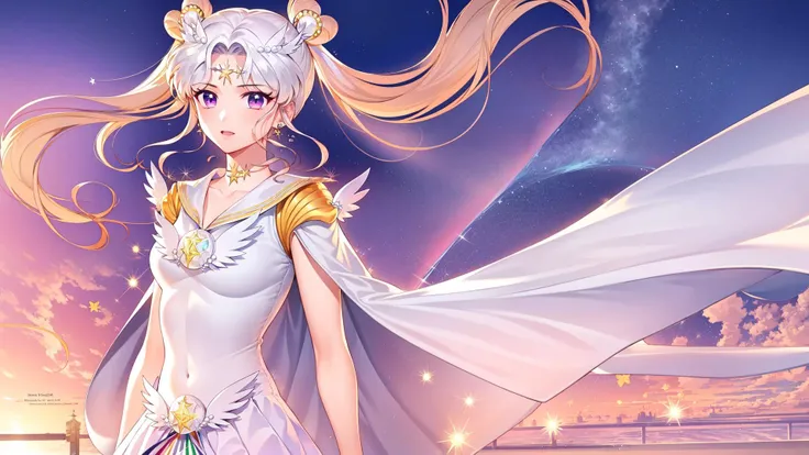 photorealistic, (hyperrealistic:1.2), (extremely detailed CG unity 8k wallpaper), (ultra-detailed), masterpiece, best quality, 1girl, sailor cosmos, standing, upper body, solo, long hair, skirt, hair ornament, twintails, jewelry, purple eyes, white hair, pleated skirt, earrings, choker, sailor collar, hair bun, cape, character name, double bun, facial mark, white skirt, brooch, white sailor collar, hairpin, forehead mark, white choker, sailor senshi uniform