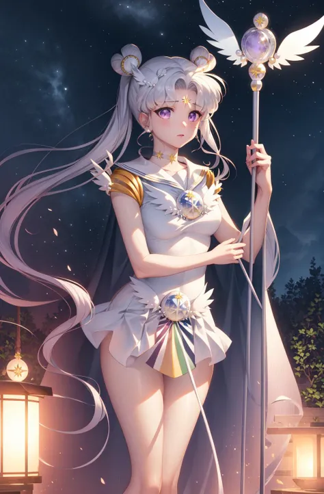 photorealistic, (hyperrealistic:1.2), (extremely detailed CG unity 8k wallpaper), (ultra-detailed), masterpiece, best quality, 1girl, sailor cosmos, standing, fullbody,  solo, long hair, skirt, hair ornament, twintails, jewelry, purple eyes, white hair, pleated skirt, earrings, choker, sailor collar, hair bun, cape, character name, double bun, facial mark, white skirt, brooch, white sailor collar, hairpin, forehead mark, white choker, sailor senshi uniform, holding staff